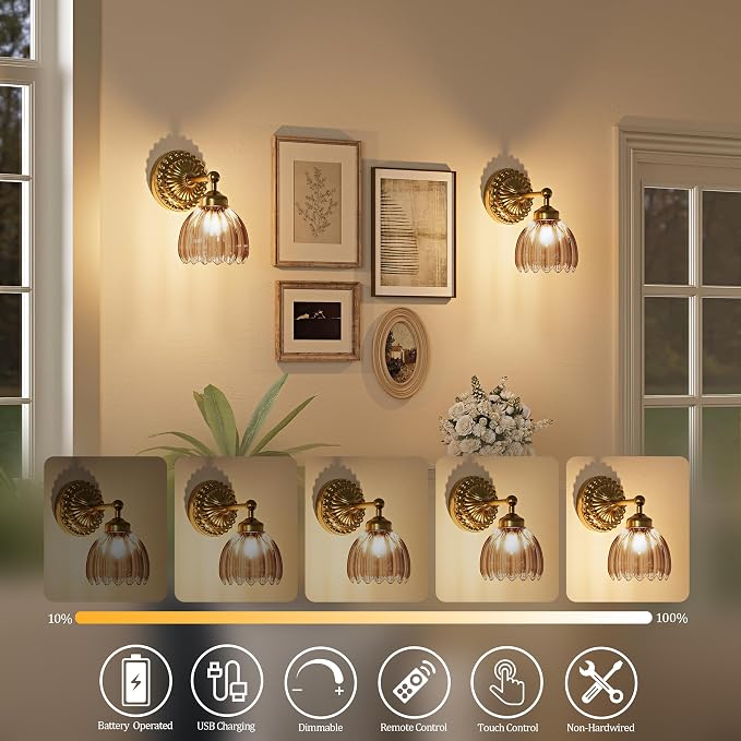 Battery Operated Wall Sconce, Vintage Wall Light, 2 Pack, Amber Tulip Glass | Gold Metal Base, 5200mAh Rechargeable, Dimmable LED, Remote Control, Cordless, Bedside, Bedroom, Doorway, Living Room