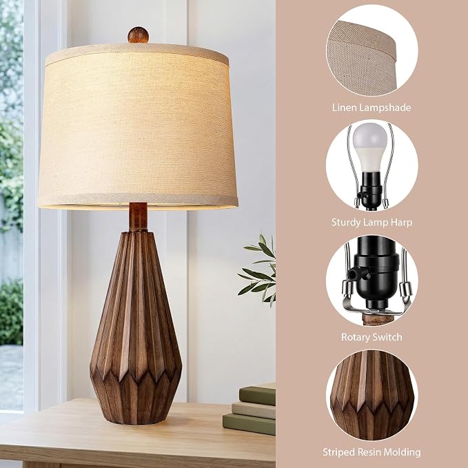 Hamucd Set of 2 Modern Farmhouse Lamp for Living Room, Rustic Resin Beside Table Lamps with Linen Shade, Vintage Lamps for Nightstands Bedroom Entryway Decor