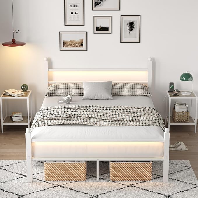 CollaredEagle Full Bed Frame with LED Lights and Charging Station, White | Full Size/ Metal Frame/ Built-in Charging Station/ RGB LED Lights/ Noise-Free/ 10.8 inch Under-Bed Storage