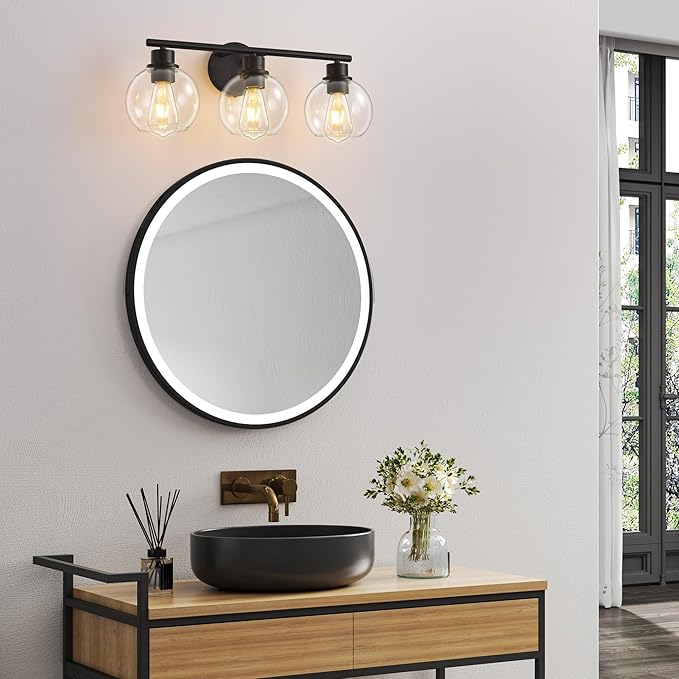 Bathroom Light Fixtures Over Mirror 3-Lights Bathroom Vanity Light with Clear Globe Glass Shade 22 inch Modern Black Vanity Lights Wall Sconce Lighting for Bath