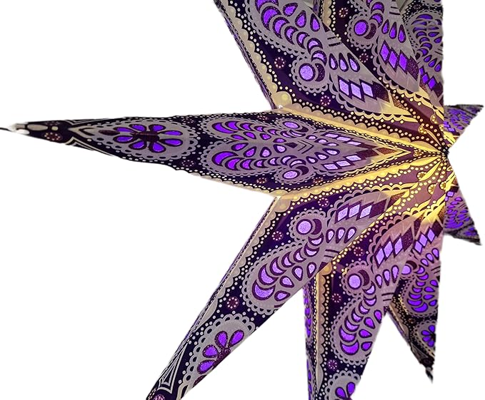 Lantern Lampshade 9 Pointed Paper Star Light Shades Large 60cm Star Hanging Decorations for Christmas Wedding Home Decoration Birthday Party (Glitter Purple)