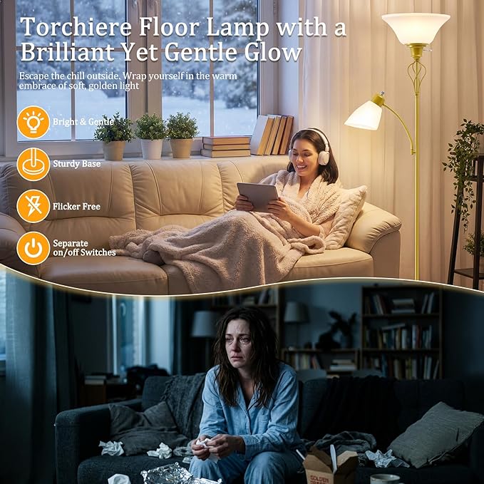 Floor Lamps for Living Room, 70" Tall Torchiere Floor Lamps, Plastic Shade | Tall Lamp with Adjustable Gooseneck Reading Light, Modern Corner Standing Lamp for Bedroom, Office, Separate On/Off Switch