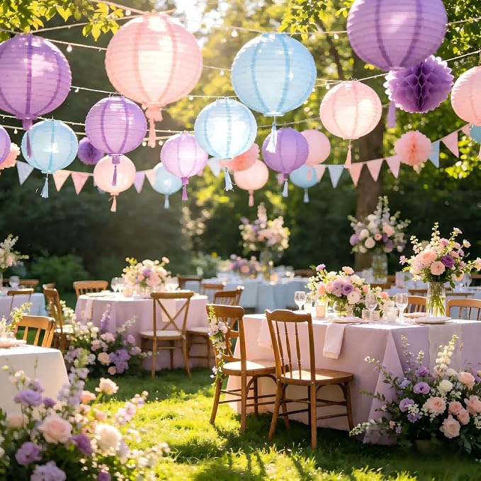 ZOOYOO 10Pcs Paper Lanterns,Pink Purple Blue Round Hanging Tissue Paper Lanterns Decorations for Birthday,Wedding,Baby Shower,Theme Party Garden Home Decor