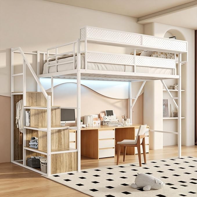 Full Size Metal Loft Bed with Storage Stairs, Wardrobe & Charging Station | Storage Shelve Convertible Staircase,LED Lights, Solid Wood Stairs, Safety Guardrail, Noise-Free, No Box Spring Needed
