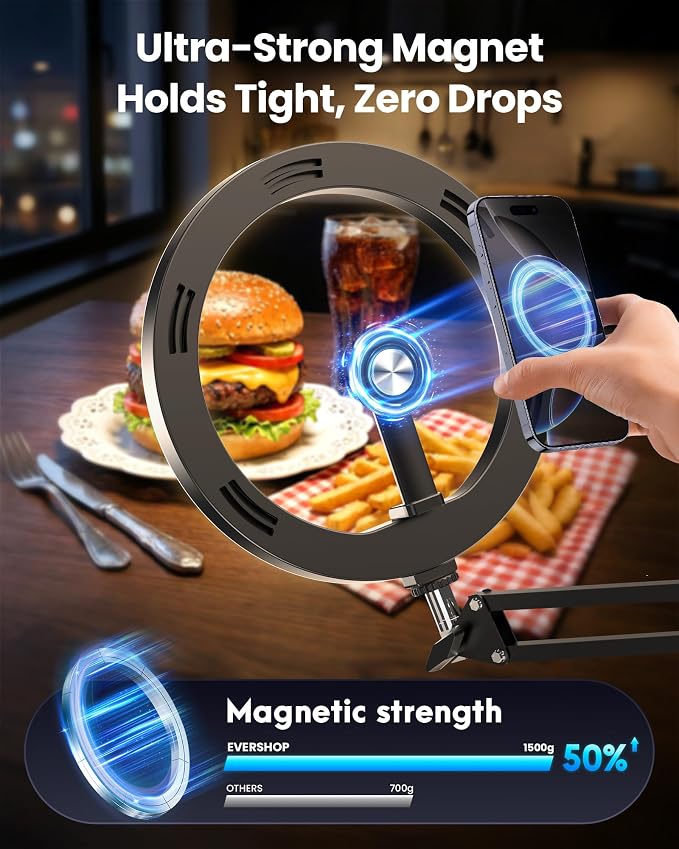 Magnetic Ring Light with Stand Tripod for iPhone – Evershop 10” Overhead Camera Mount, 70.8” Tall Adjustable Selfie Light with Phone Holder for Video Recording, Photography, Streaming