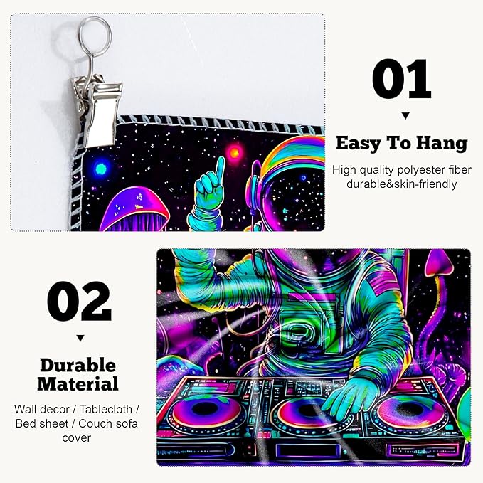 BVBOX Blacklight Space Astronaut Tapestry UV Reactive Galaxy Planet Glow in Dark Tapestries Black Light Poster Neon Wall Hanging Art for bedroom Living Room (Astronaut DJ 1-3M)