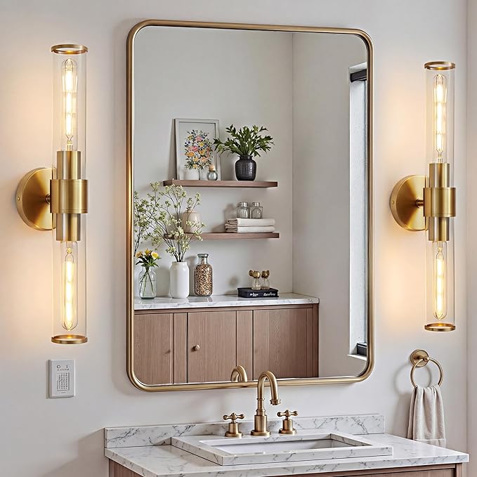 Gold Wall Sconce 2 Pack Hardwired, Bathroom Light Fixtures Clear Glass Featuring Two E26 sockets, Vanity Lights Fixtures for Bathroom, Dimmable - Bulb Not Included, UL Certification