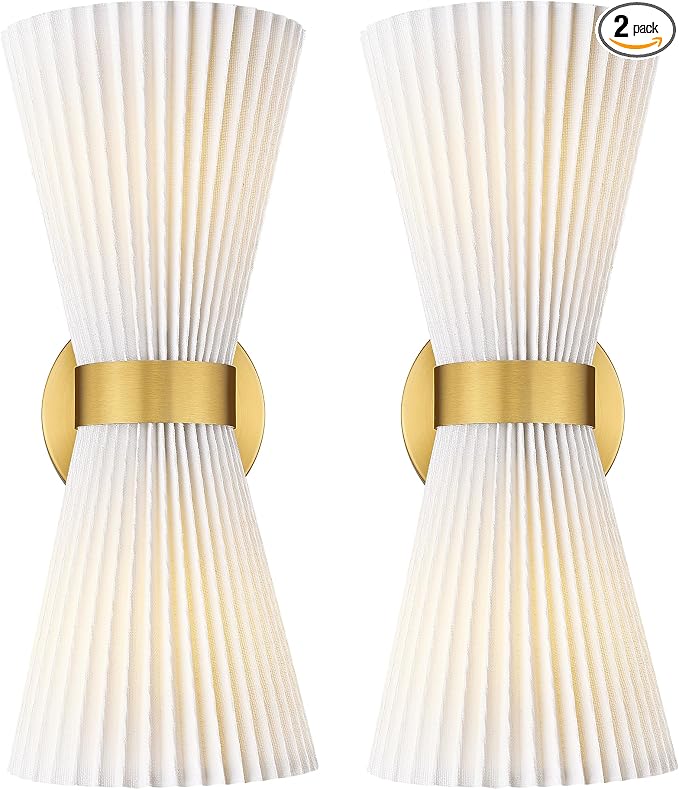 Wall Sconces Set of Two, HWH 14.3 Inch Gold Bathroom Light Fixtures with Milk White Striped Fabric Shade, Modern Wall Light fixtures for Living Room Bedroom, 5HZG97B-2W-2PK BG-FB