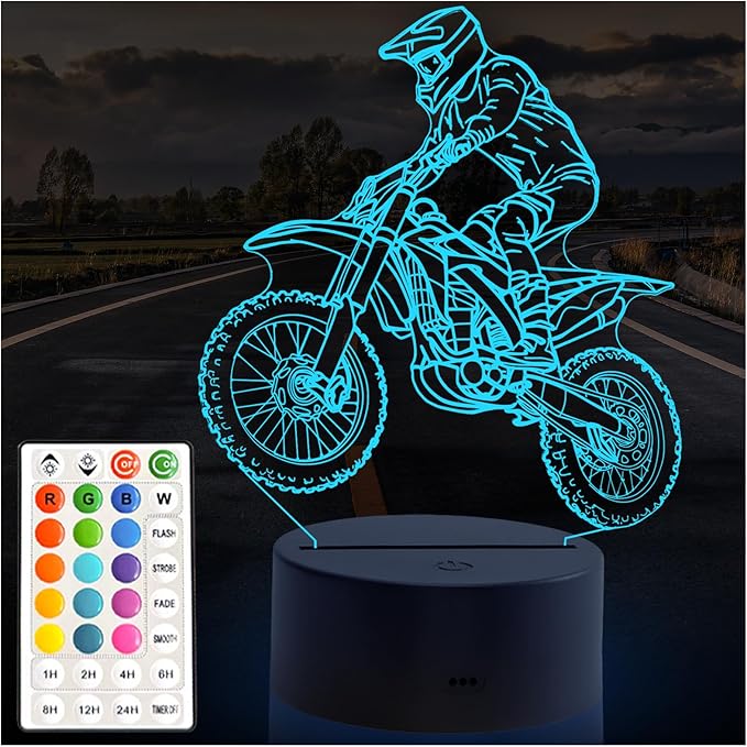Dirt Bike Gift 3D Night Light, 16 Colors Illusion Night Lamp for Boys - Dirt Bike Themed Bedroom Lamps, Optical Illusion Lamp with Remote Control, Kids' Room Décor, Cool Gifts for Motorcycle Lovers