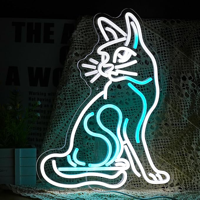 Dimmable Cat Neon Sign White Ice Blue Cat Neon Light Led Cat Light Up Sign for Wall Decor USB Powered Neon Light Cat Sign for Pet Shop Bedroom Cat Cafe Art Room Cat Lover Gift(16.5"*13"）