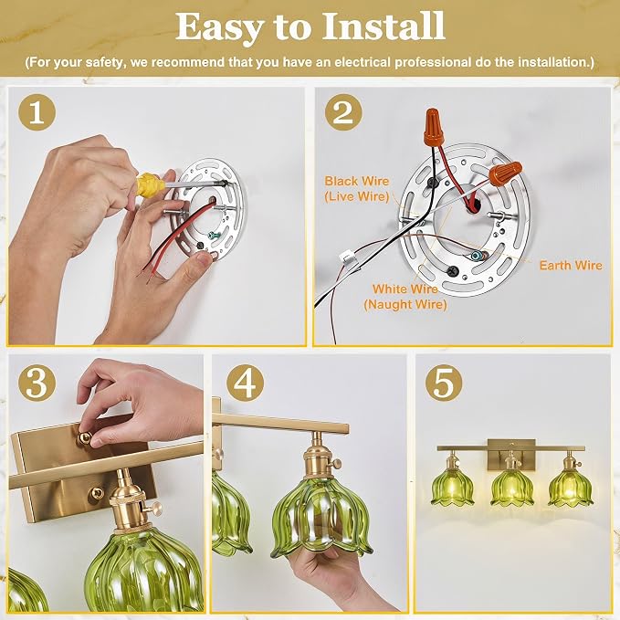 3-Light Vintage Bathroom Vanity Light, 19.4" Brass Hardwired Wall Sconce with Amber Tulip Glass Shades, Brushed Gold Vanity Light for Mirror, Restroom, Bedroom (Green, 3-Light)