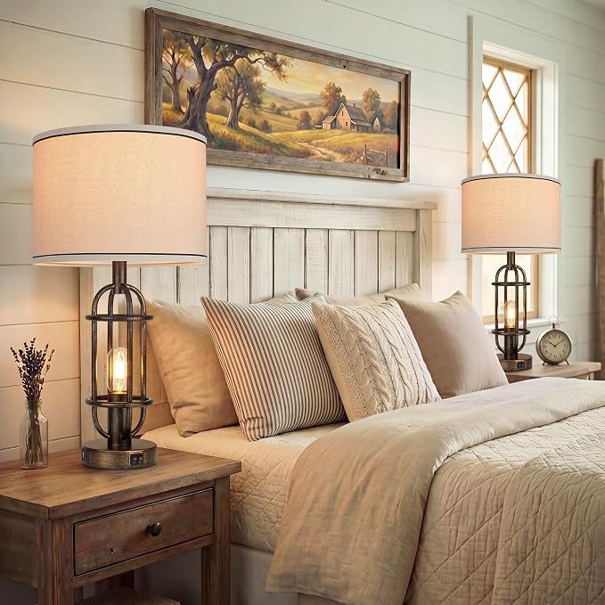 Reaketon Table Lamps for Living Room Set of 2, 22.3" Farmhouse Lamps for Nightstand, Industrial Table Lamps for Bedroom with USB Ports, Retro Bronze