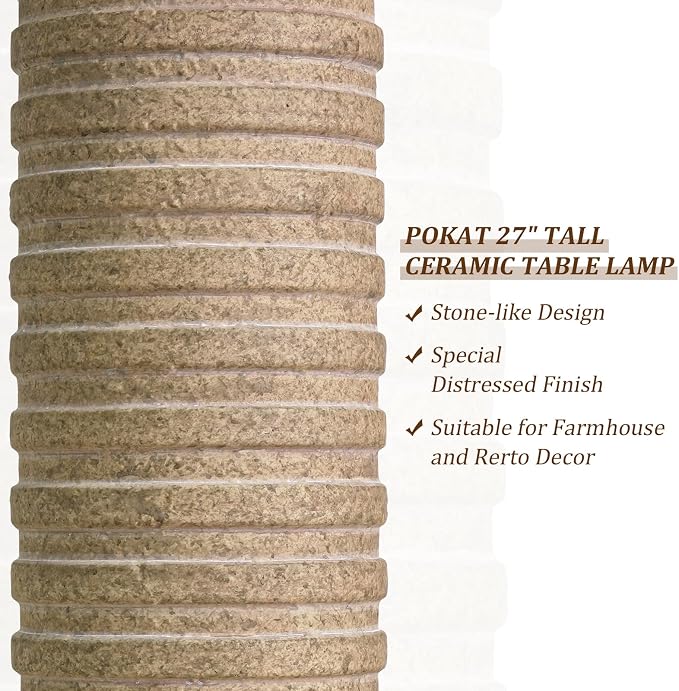 PoKat 27'' Farmhouse Table Lamps Set of 2 for Living Room, Stone Like | Bedside lamp for bedroom, boho and distressed style, hand-textured ceramic design, tall lamp decor for sideboard & entryway