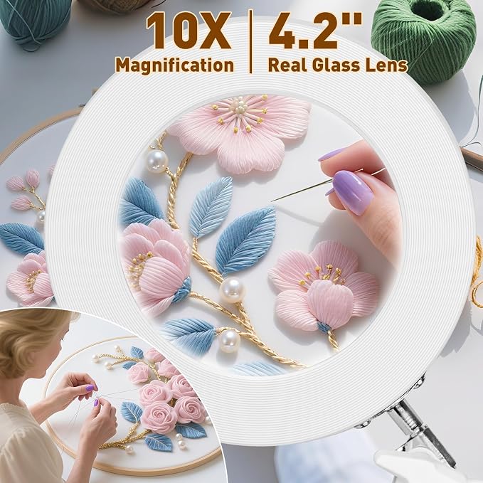 KIRKAS 10X Magnifying Glass with Light and Clamp, Swivel Arm LED Desk Lamp | 10 Level Dimmable 3 Color Modes, Lighted Magnifier with Light for Repair, Craft, Sewing, Reading, Close Work - White