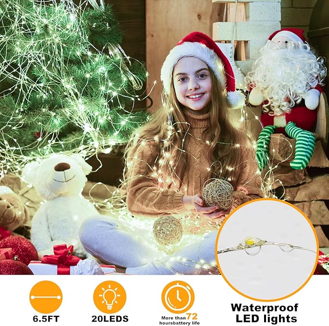 6 Pack Fairy Lights Battery Operated String Lights - 7ft 20 LED Waterproof Silver Wire Firefly Lights for DIY Wedding Décor Table Centerpieces Craft Mason Jars Party Decor(White)