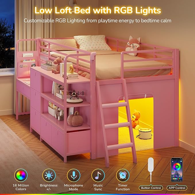 Low Loft Bed Twin Size with Desk, 6 Storage Drawers & Bookshelf, Kids Loft Bed with LED Lights & Under-Bed Play Space, Heavy Duty Metal Bed Frame with 13.8"H Safety Guardrail & Ladder, Pink