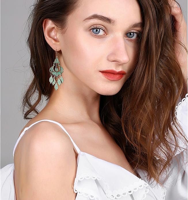 Unique Bohemian Vintage Bronze Chandelier Teardrop Flower Geometry Dangle Drop Earrings For Women