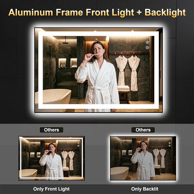 LED Bathroom Mirror with Light, 24x36 Vanity Mirror for Wall with Frame | Anti-Fog, Dimmable 3 Colors, Memory Function, Backlit and Front Lit, Shatter-Proof Glass, Plug-in/Hardwired