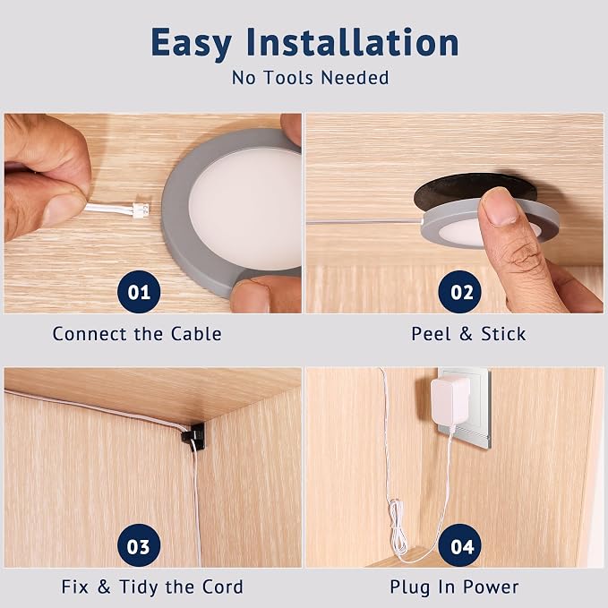 V4light Wired LED Puck Lights, Under Cabinet Lighting Touch Dimmer, 8 Pack | Ultra-Thin 6mm Dimmable, 2700K-6500K, Plug-In Powered, Easy Install, for Kitchen, Pantry, Closet, Counter & Display