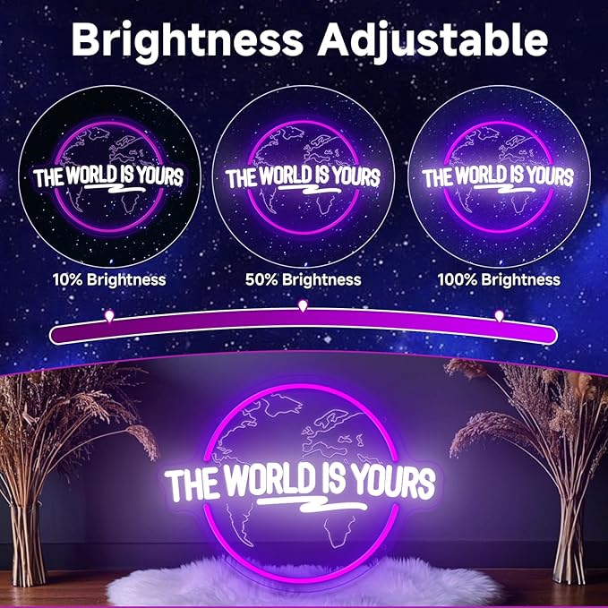 The World Is Yours Neon Sign Dimmable Carved Planet The World Is Yours LED Signs Purple Neon Sign for Bedroom Classroom Man Cave Game Room Birthday Christmas Gifts for Kids