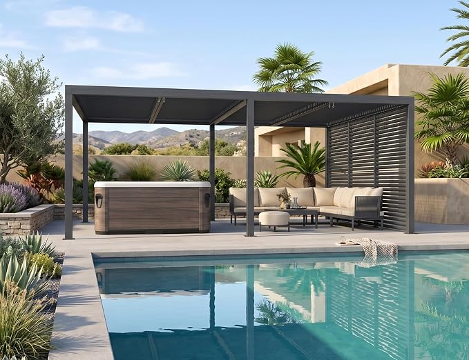 PURPLE LEAF Louvered Pergola 12' x 24' 94AS w/ 1W Side Shutter Wall Grey | Four Adjustable Roofs, All-Aluminum Rustproof Construction, Plus Privacy Shutters For Cozy Private Space, Taller Design