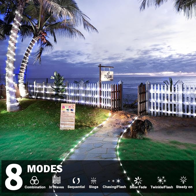 KNONEW Solar Rope Lights Outdoor 2 Packs Total 600LED 100FT Solar String Light Outside Waterproof with 8 Modes Clear Thin Tube for Pool Patio Garden Fence Camping Yard Deck Trampoline（Cool White）