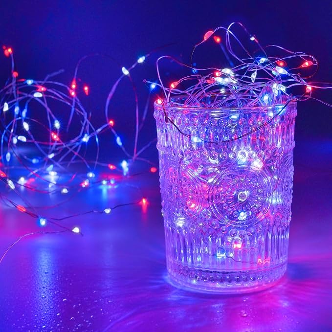 4Pack 80FT 240LED Red White and Blue Fairy Lights Battery Operated with Remote | 4th of July Decorations Twinkle Lights with Timer | American Flag Light for Independence Day Patriotism Decorations