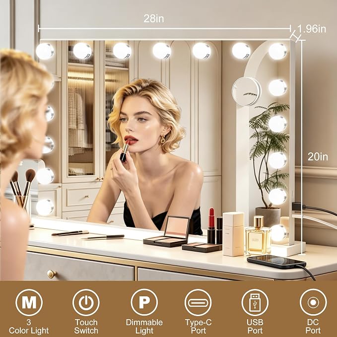 Ratsamee Hollywood Vanity Mirror with Lights, 17 Dimmable Bulbs, 3 Color Lights,Make Up Lighted Mirror, Aluminum Metal Frame, USB Charging Port（28" x 20"）