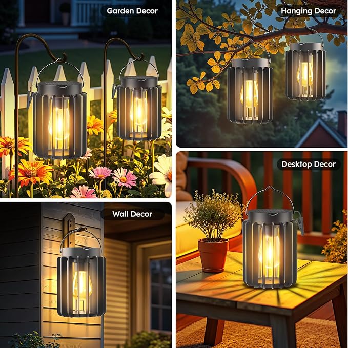 2 Pack Solar Lanterns Outdoor Waterproof, Metal Hanging Lantern, Black | 12-Hr Runtime Outdoor Solar Lantern, Auto On At Dusk, High Bright Hanging Solar Lights for Garden Porch Patio Yard Decor