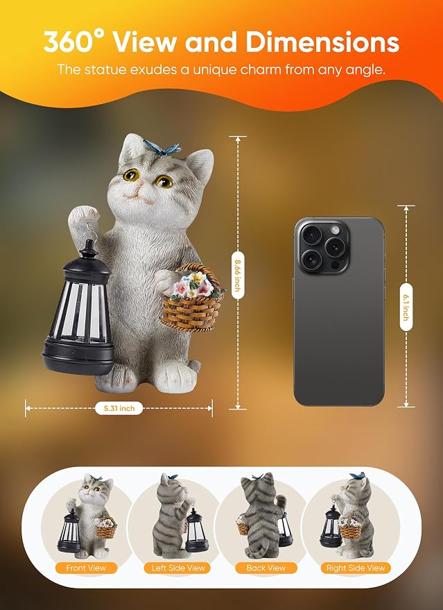 Brightown Solar Cat Garden Decor Statue with Solar Lantern Light, Hand-Painted Resin, IP65 Waterproof Outdoor Decor for Patio, Balcony & Yard Decorations, Unique Mothers Day Gifts for Mom Women