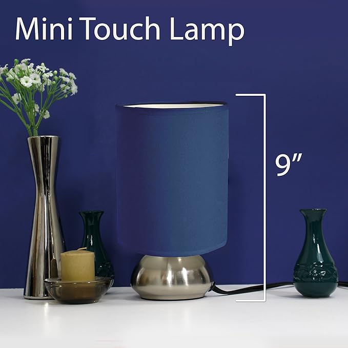 Simple Designs LT2016-BLU-2PK Gemini Brushed Nickel 2 Pack Mini Touch Lamp Set with Fabric Shades, Blue