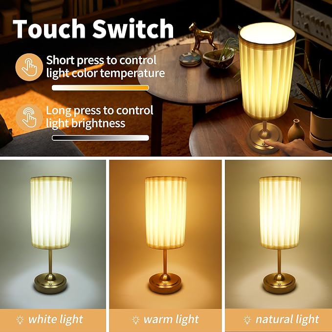 Mr.White Set of 2 Rechargeable Cordless Table Lamp with Fabric Shade, 5200mAh Battery Operated LED Touch Table Light, for Restaurant Kitchen Patio Dinner (Bronze)