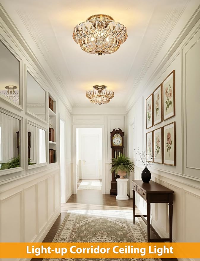Semi Flush Mount Ceiling Light,Vintage Gold Hallway Lights Fixture | 11IN 3-Bulb Bright Even Light,Amber Glass Close to Ceiling Light for Bathroom, Hallway, Dining Room,Bulb Not Included