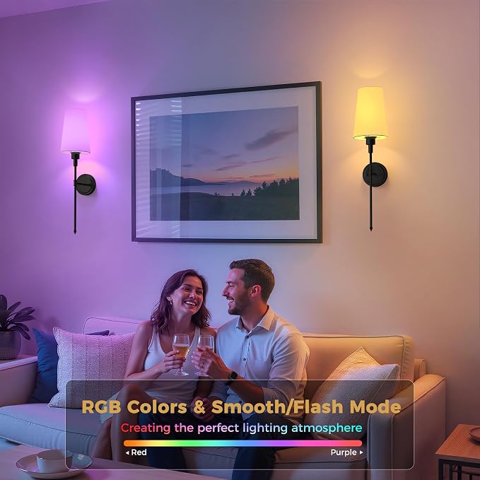 Battery Operated Wall Sconce: Set of 2 Wireless Wall Light 12000mAh | 15 Color Rechargeable Wall Sconces, Sconce Wall Decor Set of 2 for Bedroom, Living Room, Black, 27in