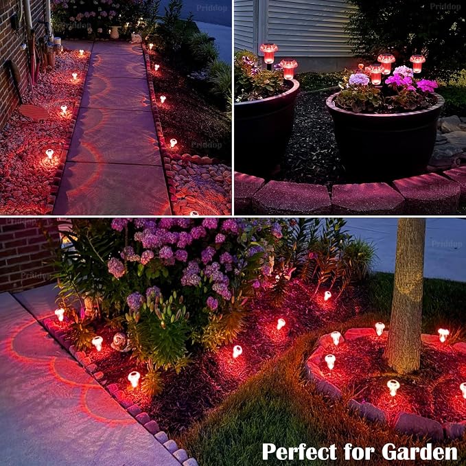 Priddop Solar Garden Lights Outdoor Waterproof 8 Pack Red LED Mushroom | Yard Pathway Walkway Patio Landscape Path Lights, Acrylic ABS, Ground Patterns, Outside Halloween Christmas Decorations