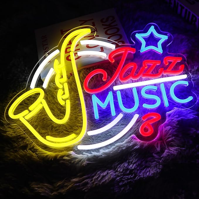 Jazz Music Neon Sign for Wall Decor Dimmable Saxophone Led Sign for Music Studio Vintage Jazz Neon Light for Recording Room Live Show Bar Man Cave Club Party Retro Home Decoration