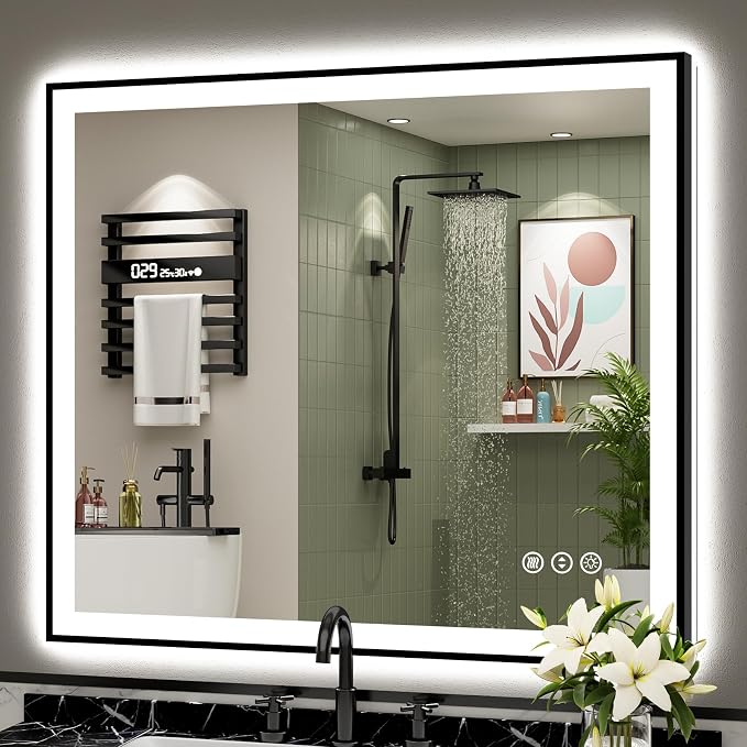 40x38 Black LED Bathroom Mirror, Backlit & Front Lit Lighted Mirror | Metal Framed Anti-Fog Vanity Mirror with Lights, 3 Color Dimmable, Memory, Tempered Glass, CRI95, IP54, Horizontal/Vertical