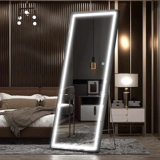 Hasipu Full Length Mirror with Lights, 71" x 28" LED Floor, Full Body Dressing Standing, Hanging Mounted Mirror, Round Black