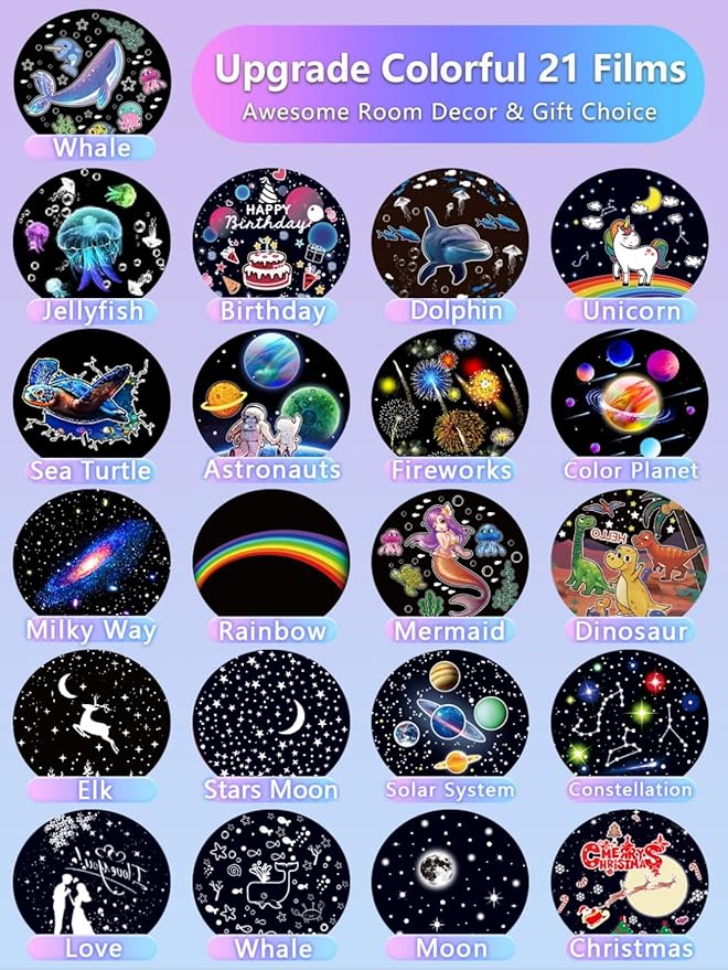21 Sets of Films, Projector Night Light for Kids Bedroom, Ceiling, Night Light for Kids, Star Galaxy Projector for 1-14 Years Old Baby Girls with 360° Rotation for Christmas, Baby Nursery, Room Decor