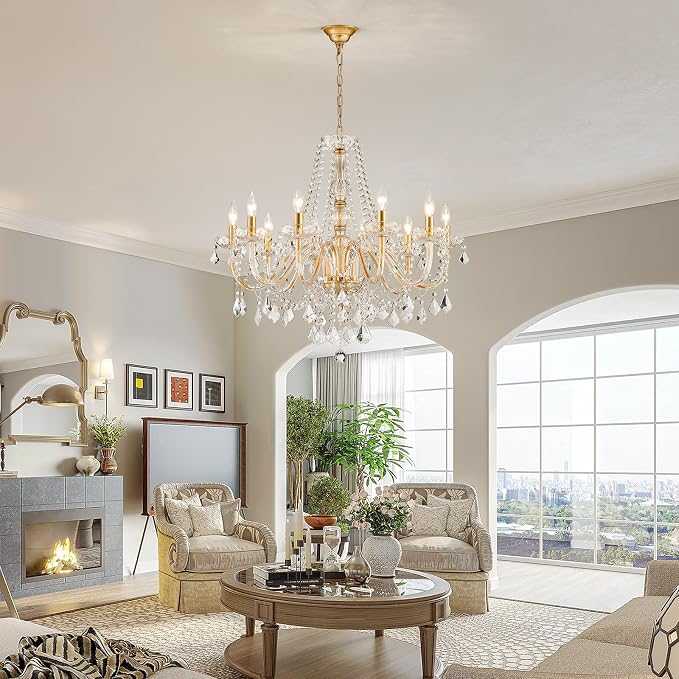 Large Crystal Chandelier, Modern Gold Crystal Chandeliers for Dining Room Light Fixture, 10-Lights Large Gold Pendant Light Fixtures Luxury Chandelier for Living Room Bedroom Foyer Entryway D26.8''