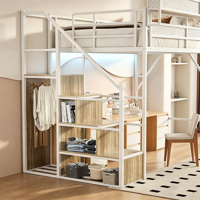 Full Size Metal Loft Bed with Storage Stairs, Wardrobe & Charging Station | Storage Shelve Convertible Staircase,LED Lights, Solid Wood Stairs, Safety Guardrail, Noise-Free, No Box Spring Needed