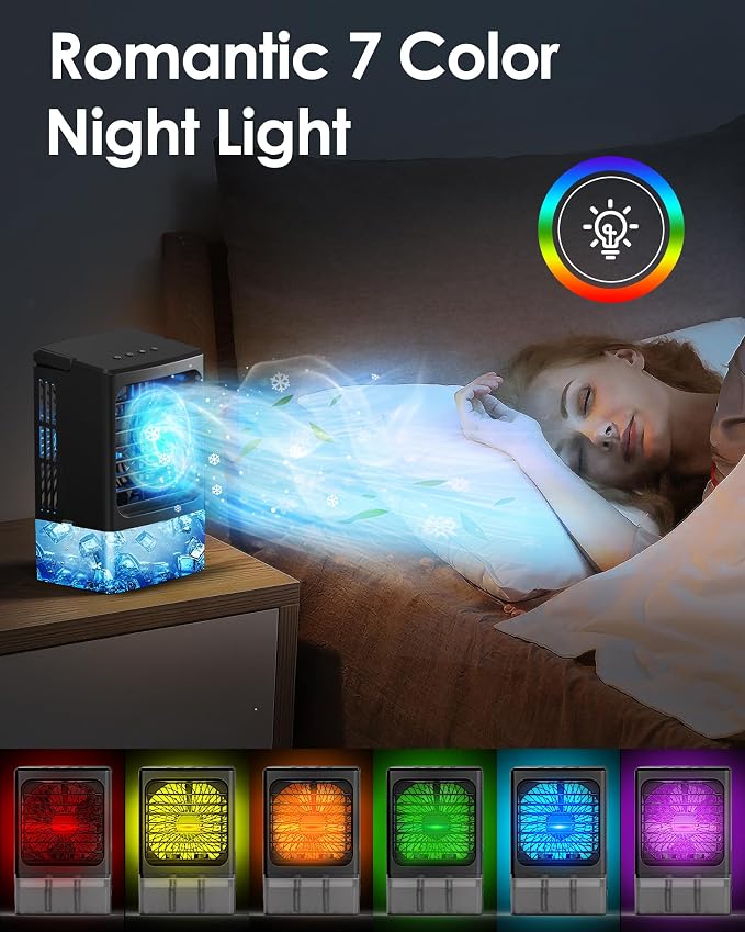 Mini Air Conditioner,Portable Air Conditioners,Evaporative Air Cooler Humidifier, 3 Speed Quiet Personal Cooling Fan, 7-Color LED Night Light, 4/8H Timer for Bedroom, Office, Camping, Room,Home