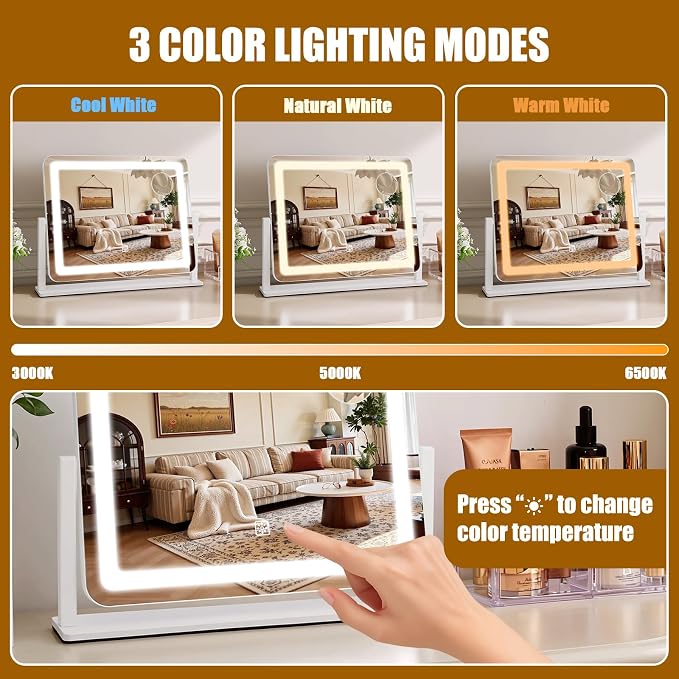 Rechargeable Vanity Mirror with Lights, 3000mAH Battery, 16"×12.4" LED Makeup Mirror, 10X Magnification, Smart Touch with 3-Color Lighting, 360° Rotation, Lighted Up for Makeup Desk, Bedroom (White)