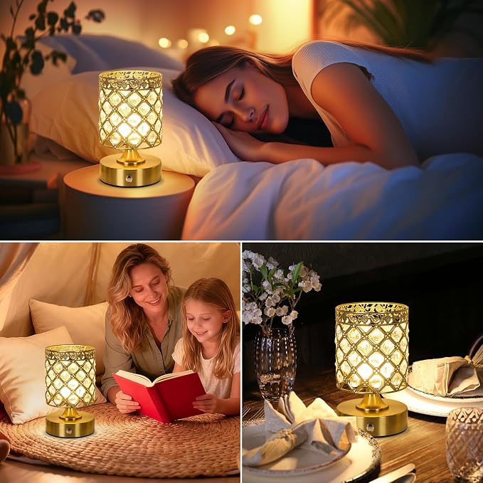 Gold Crystal Rechargeable Cordless Table Lamp, Touch Small Desk Lamp | 6000mAh Battery, 3 Color Temps, Stepless Dimming, USB Charging, Portable Wireless Night Light for Bar Bedroom Living Room
