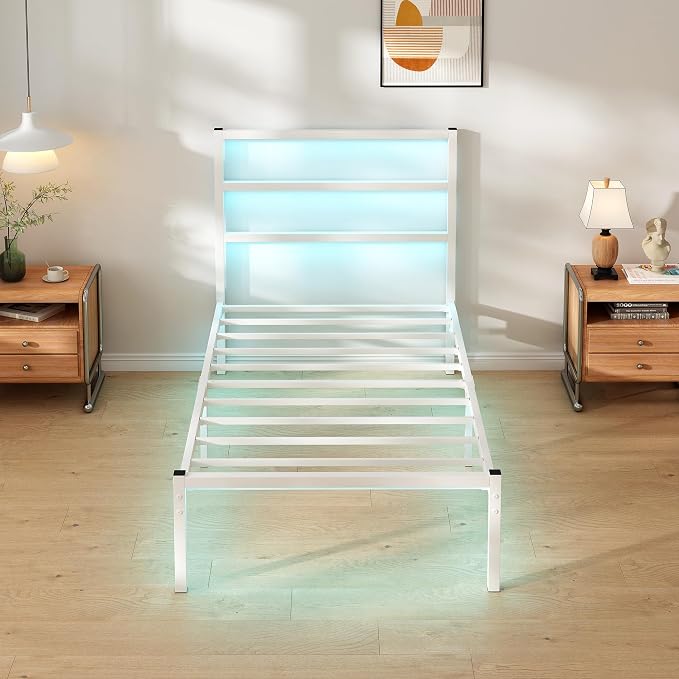 CLIBFENG Twin Bed Frame with Headboard,Heavy Duty Steel Slats Support-LED Bed Frame with USB Charging Station,Mattress Foundation-Under Bed Storage,No Box Spring Needed,Noise Free,White