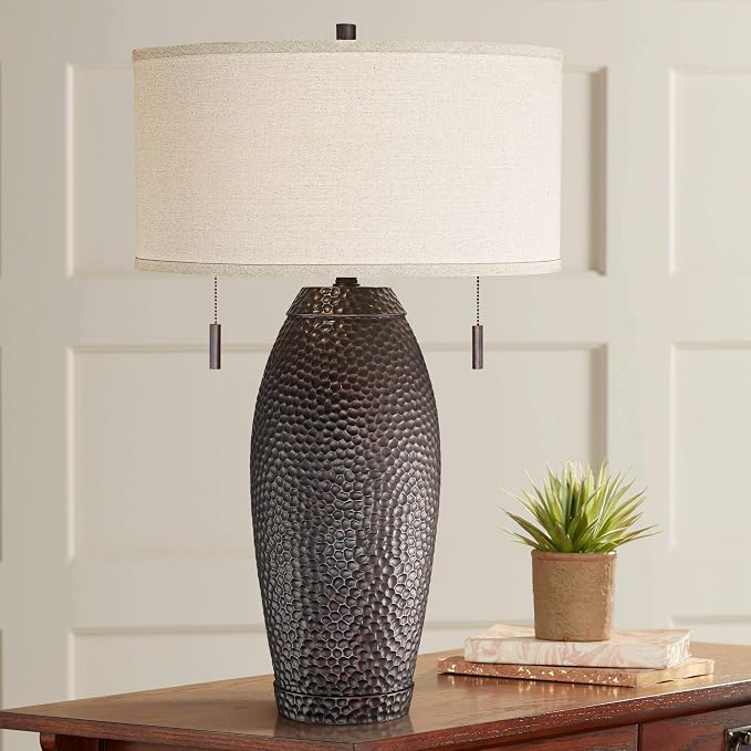 Noah 31" Large Table Lamp Pull-Chain Hammered Bronze Brown Farmhouse | Textured Rustic Bedroom Living Room House Bedside Nightstand Home Office Entryway Family Oatmeal Drum Shade