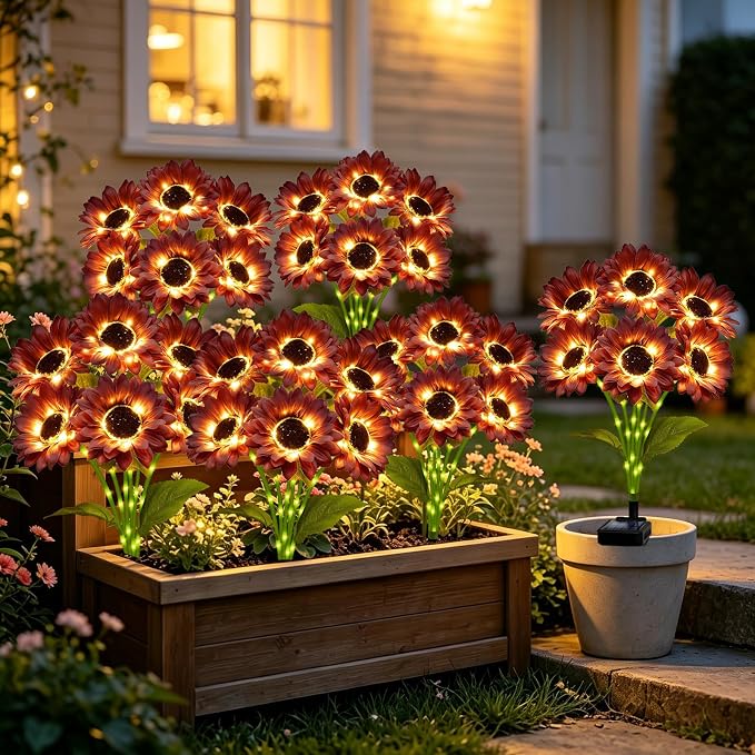 MRHEPHAESTUS Solar Garden Lights Outdoor, 4 Pack Solar Brown Sunflower Lights with 18 Head 3.5 Inch Flowers, Waterproof Flowers Light Fall Decor Auto ON/Off for Garden Yard Patio, Gifts for Mom Women