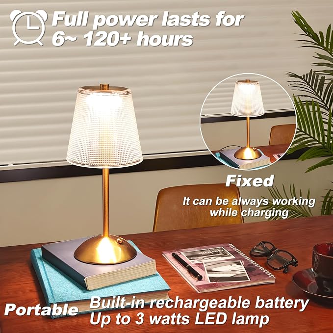 Cordless Table Lamp, 4000mAh Rechargeable Battery Operated Lamp, 3 Color Modes & Stepless Dimmable LED Touch Lamp, Portable Crystal Metal Beside Lamps for Bedroom Restaurant Outdoor(Black) | 2000mAh Battery Operated, 3 Color Modes, Dimmable LED Touch B...