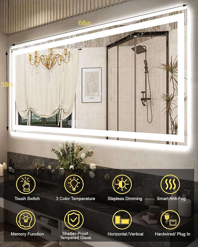 68x36 LED Bathroom Mirror, 6000LM, Separate Front and Back Lights | UL Certified,Shatter-Resistant Tempered Glass,Auto-Off Defogger,3 Color Modes,Smooth Dimming,Smart Memory Setting