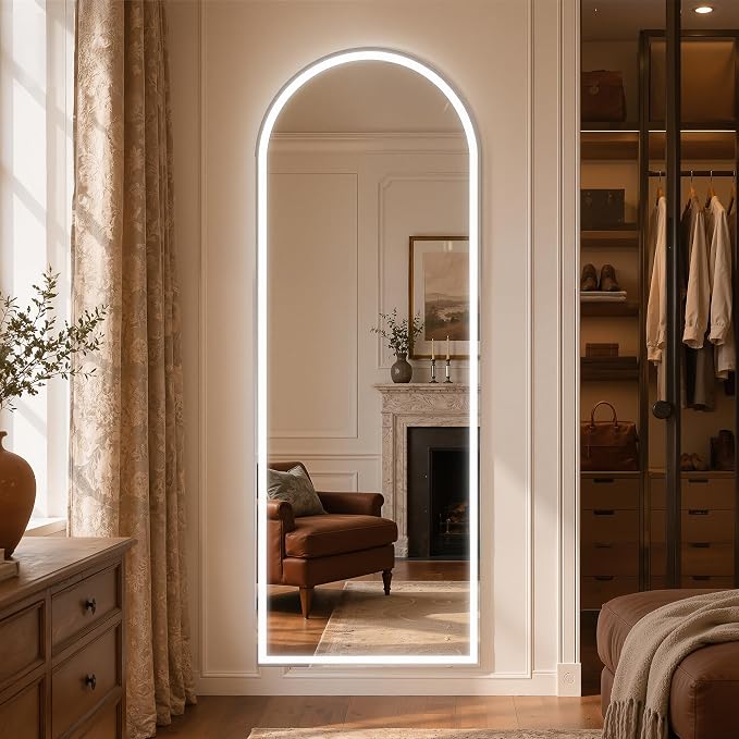 71" x 26" Arched Full Length Mirror with LED Lights, Floor Mirror with Stand, Wall Mirrors Full Length, Body Floor Mirrors, Wall Mounted for Bedroom, Dimmable, Tempered Glass